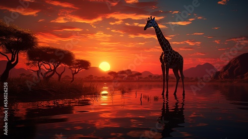 Peaceful African sunset with giraffes. silhouette concept
