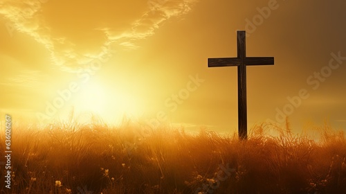 Bright Christian cross against gold sky backdrop. silhouette concept © HN Works