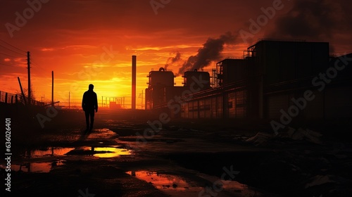 sunset illuminates deserted industrial building. silhouette concept