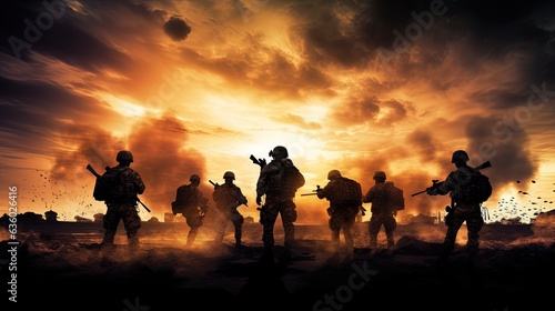 An image of soldiers in battle amidst explosions and smoke. silhouette concept © HN Works