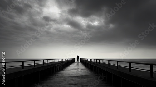 Man on pier observing monochromatic seascape. silhouette concept