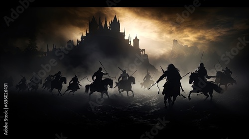Warriors in medieval battle scene fighting in silhouette against a foggy background with castle © HN Works