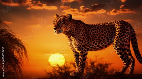 Sundown image of a quick African cat. silhouette concept