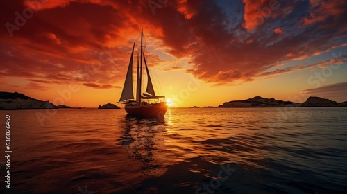 Stunning sunset in Ibiza with golden and red colors and boat silhouettes