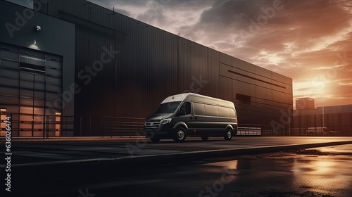 Cargo bus waiting for loading at logistic center while delivery minivan prepped for route. silhouette concept