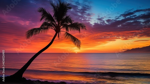Fototapeta Naklejka Na Ścianę i Meble -  A palm tree silhouette against a vibrant sunset on Kaanapali Beach in Maui