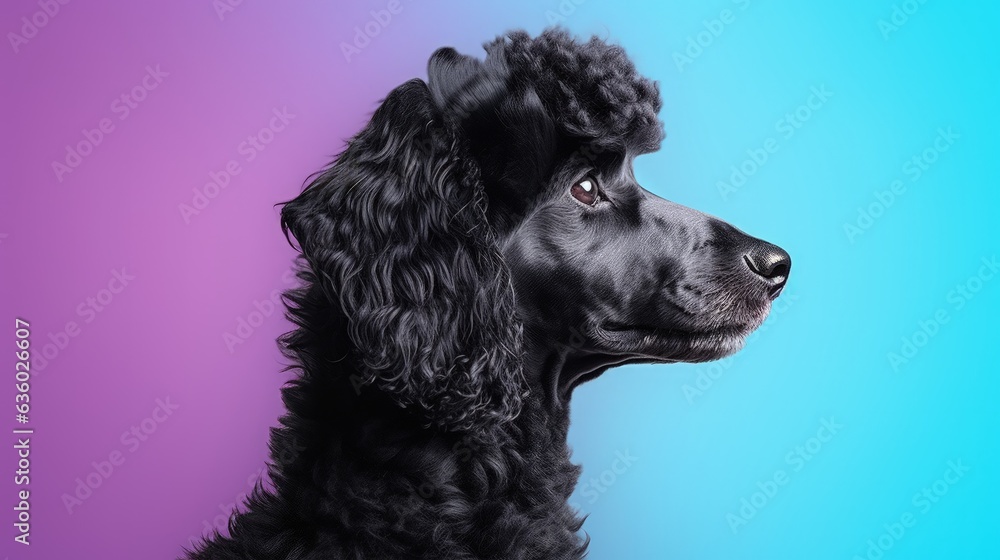 Closeup photo of attractive black poodle on vibrant backdrop. silhouette concept Closeup photo of attractive black poodle on vibrant backdrop. silhouette concept