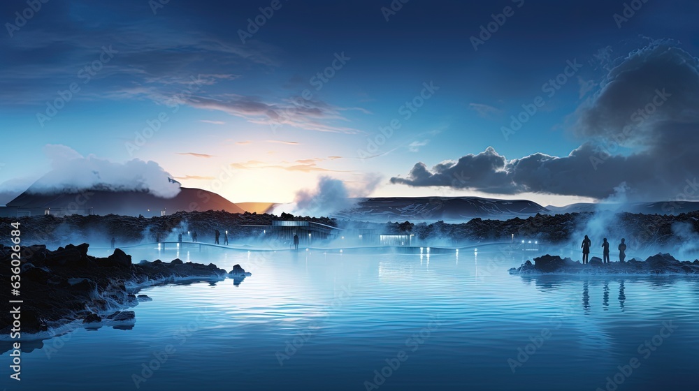 The Blue Lagoon is a highly popular geothermal spa in Iceland. silhouette concept The Blue Lagoon is a highly popular geothermal spa in Iceland. silhouette concept