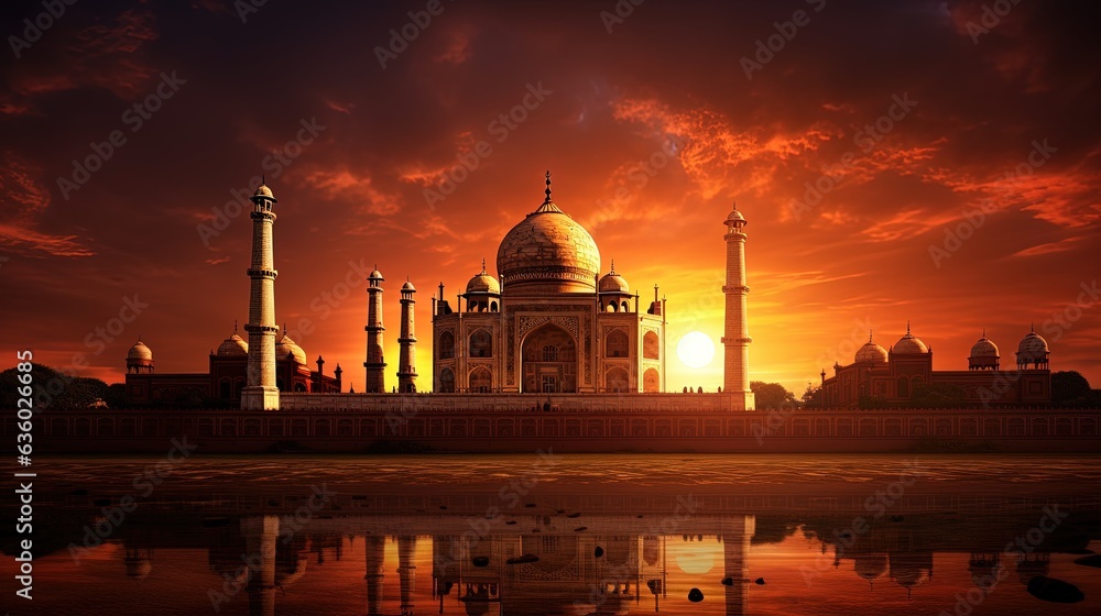 Sunset backdrop with Taj Mahal in Agra India. silhouette concept - obrazy, fototapety, plakaty 