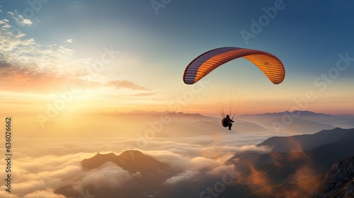 Vintage colored paraglide silhouette above misty Crimea valley at sunrise