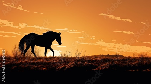 Horse silhouette amid sunset while grazing