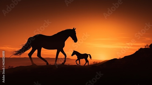 Brumby Mare and her Foal seen at dawn. silhouette concept photo