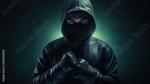 Anonymous dark figure with boxing gloves engaging in cyber crime and malware activities with a focus on internet hacking and system disruption. silhouette concept