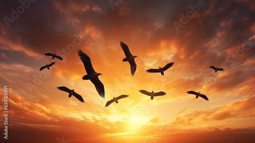 Birds in the sky flying in formation. silhouette concept © HN Works