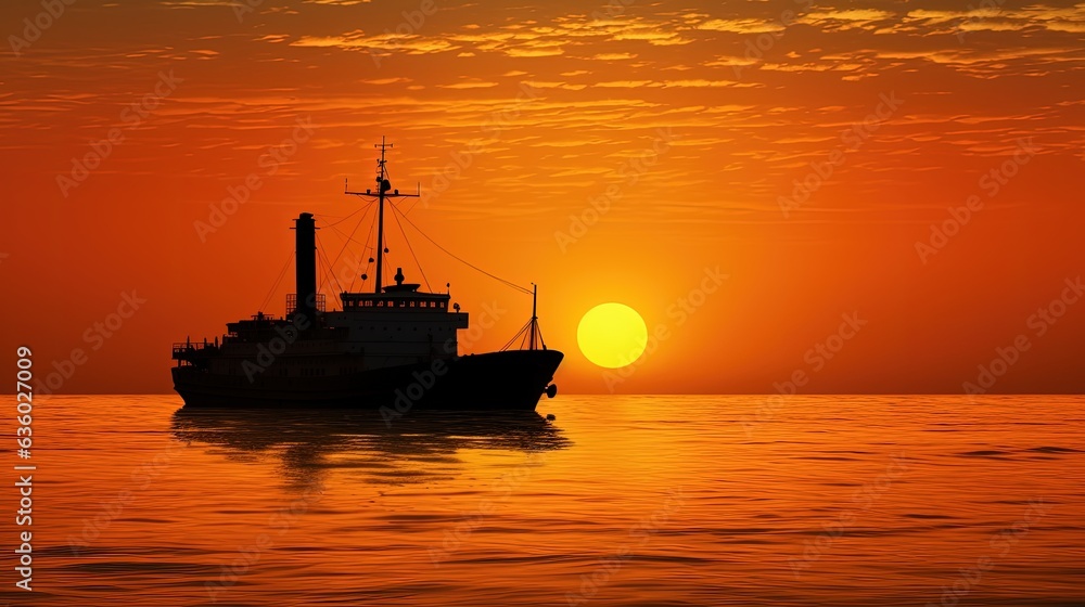 Ship silhouette at sunrise over golden sea