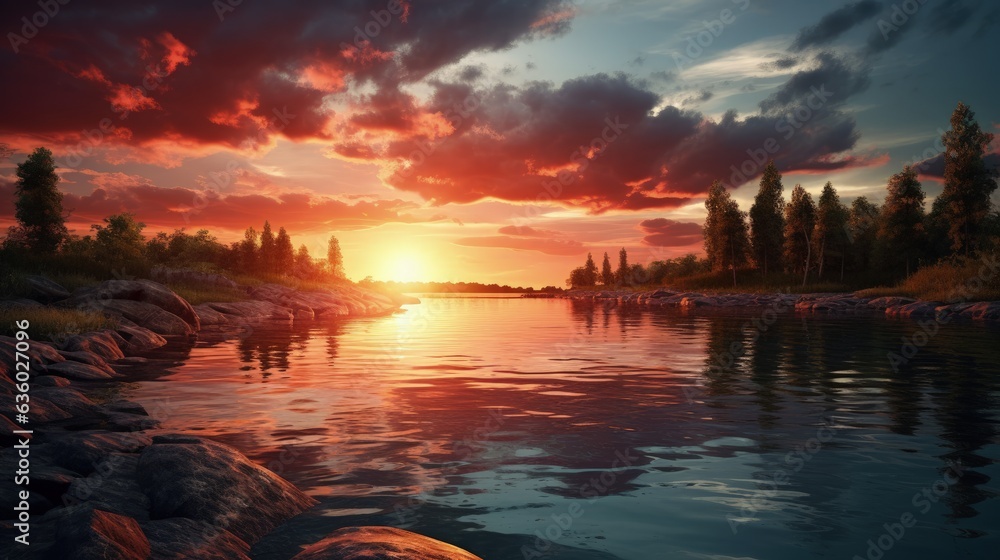 Obraz premium Vivid sunset picture Scenic river view. silhouette concept