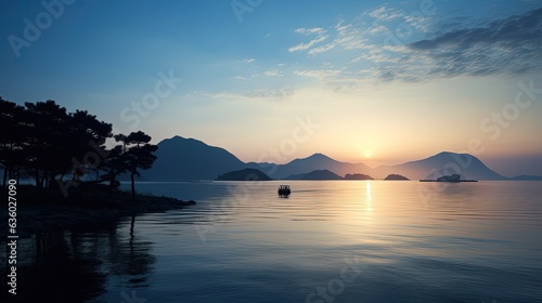 Beautiful morning seascape of the Seto Inland Sea in Japan. silhouette concept