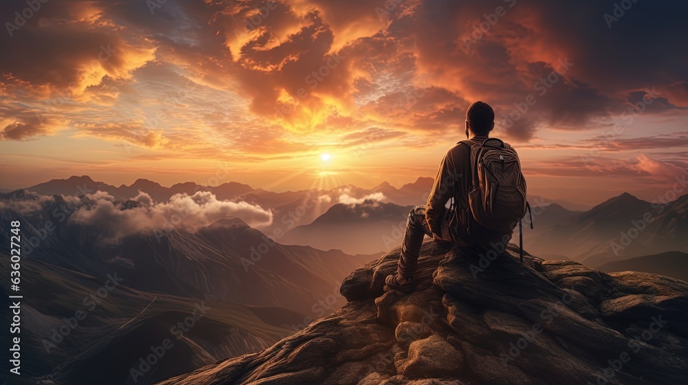 Obraz premium Man s shadow admires setting sun from mountain peak. silhouette concept