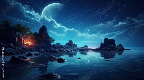 Futuristic seascape at night with moon s reflection on water large stones and trees on the shore neon blue meteorite rays and islands in the landscape. silhouette concept