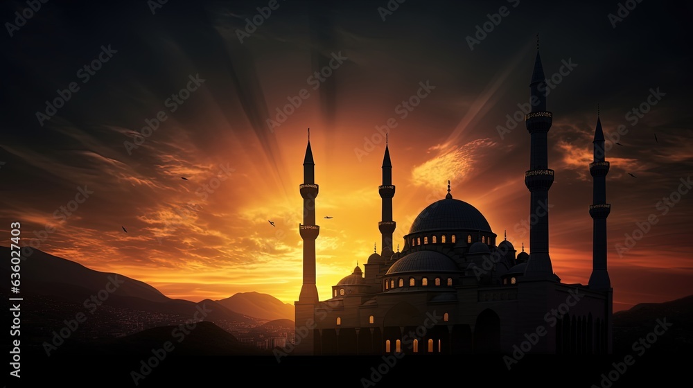 Mosque silhouetted at sundown