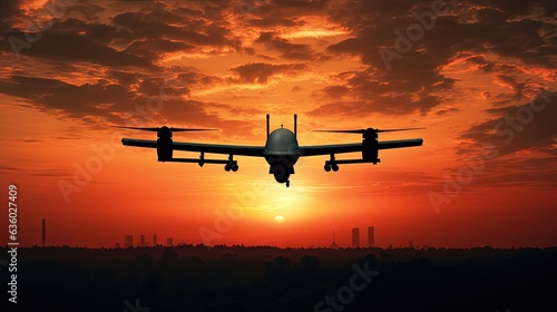 Sunset backdrop featuring a silhouette of a military drone