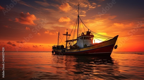 Thai fishing boat on sunset HuaHin Thailand with a distinct outline. silhouette concept