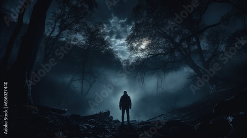 male in sinister enchanted woodland during nighttime. silhouette concept