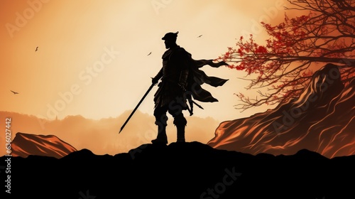 Shadowy figure of old Asian warrior archer. silhouette concept
