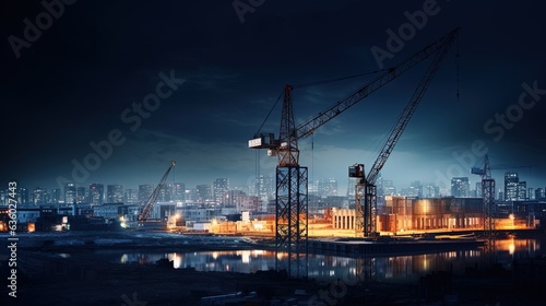 Crane with bright lights on an unfinished nighttime construction site. silhouette concept