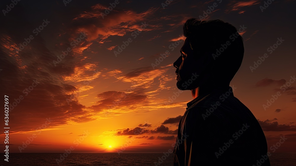 Man gazing at sunset s shadow. silhouette concept