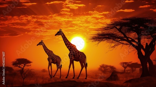 Safari sunset with golden wildlife silhouettes