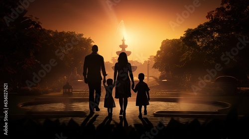 Family walking towards water feature. silhouette concept