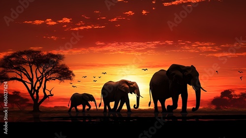 Silhouetted elephant family at sunset
