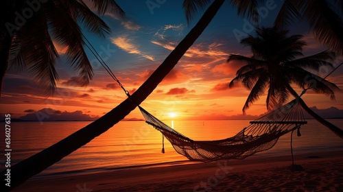 Gorgeous sunset over a tropical beach with palm trees and a hammock. silhouette concept