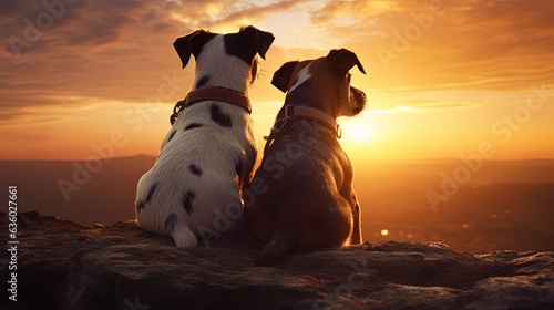 Two Jack russell dogs observe the large sun as it sets. silhouette concept photo