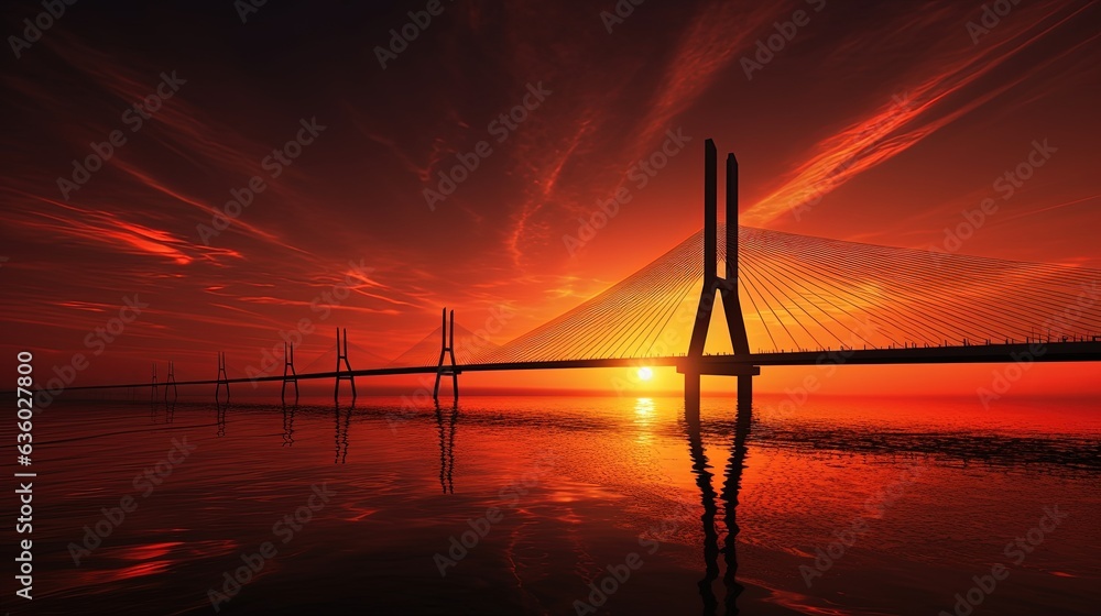 Obraz premium Cable stayed bridge silhouette at dusk