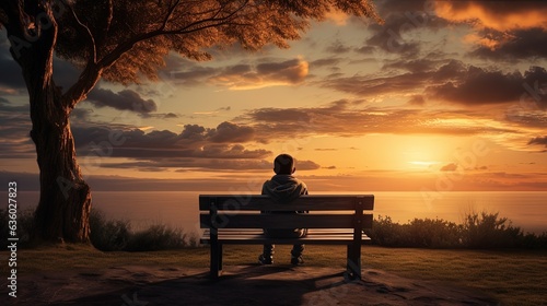 A bench in front of a sunset view with a boy sitting on it. silhouette concept © HN Works