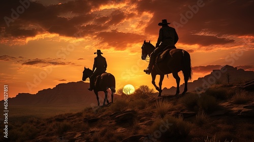 Cowboy idea illustrated with silhouettes of cowboys at sunset on a hill with horses Focused composition