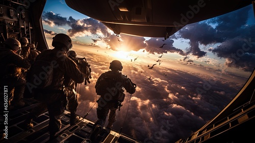 Canvas Print Army soldiers and paratroopers descending from an Air Force C 130 during an airborne operation