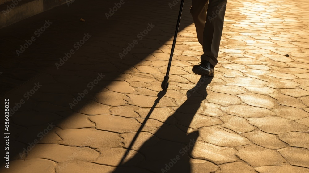 Limping person with cane shadow on ground Symbolizing disability old age blindness intense life. silhouette concept - obrazy, fototapety, plakaty 