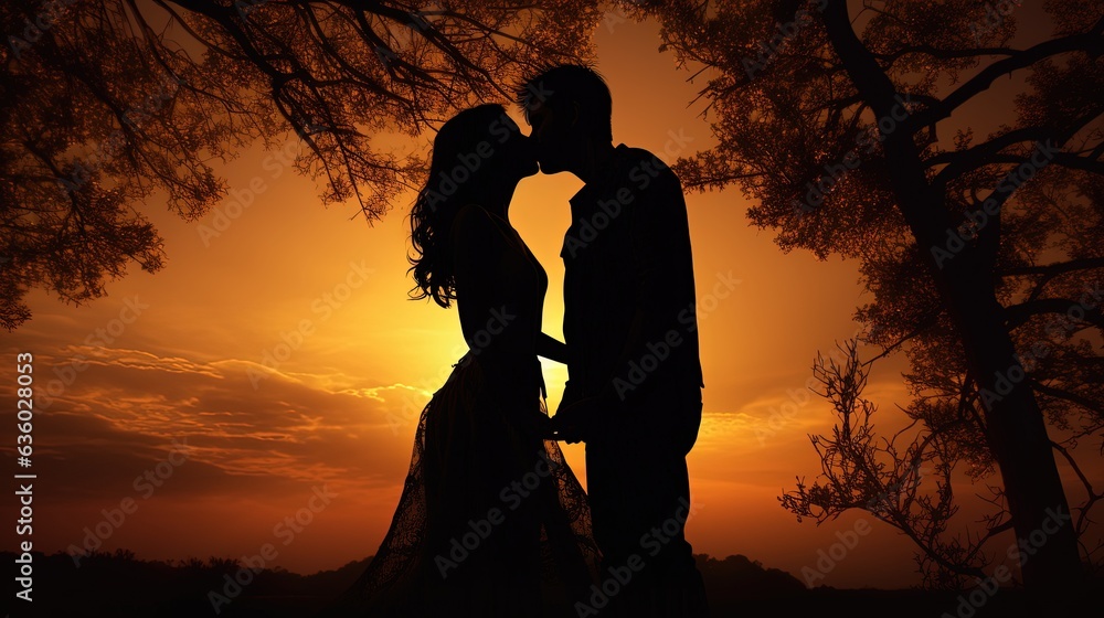 Engaged couple kissing silhouette