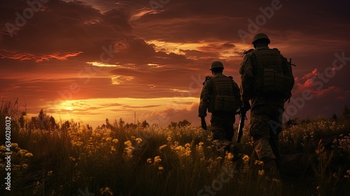 Pair of soldiers at sundown. silhouette concept