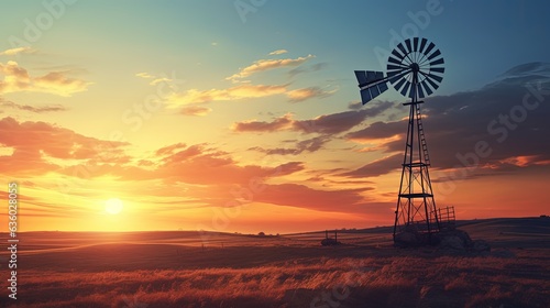 Windmill silhouette at sunset old fashioned style