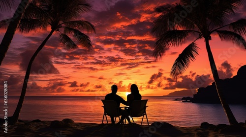 Romantic couple on a beach under palm trees during sunset. silhouette concept