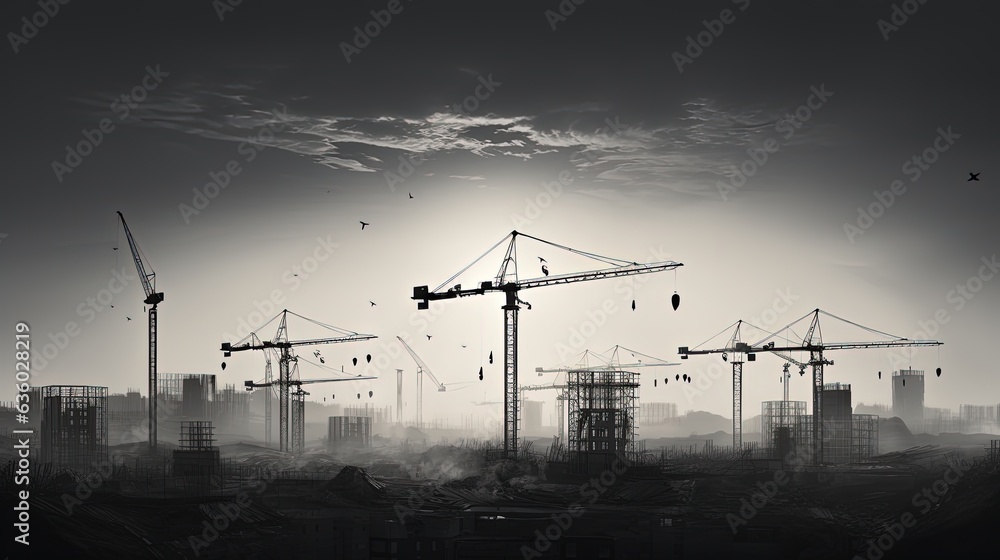 Black and white photo of construction sites with several cranes. silhouette concept