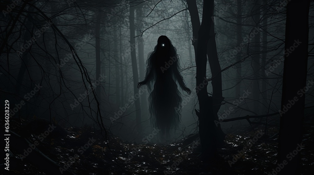 Terrifying female ghost with black hair in a dark forest. silhouette concept Terrifying female ghost with black hair in a dark forest. silhouette concept