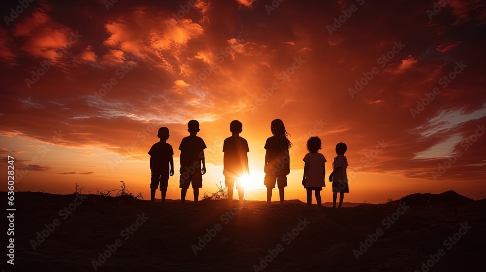 Children s outlines at dusk. silhouette concept