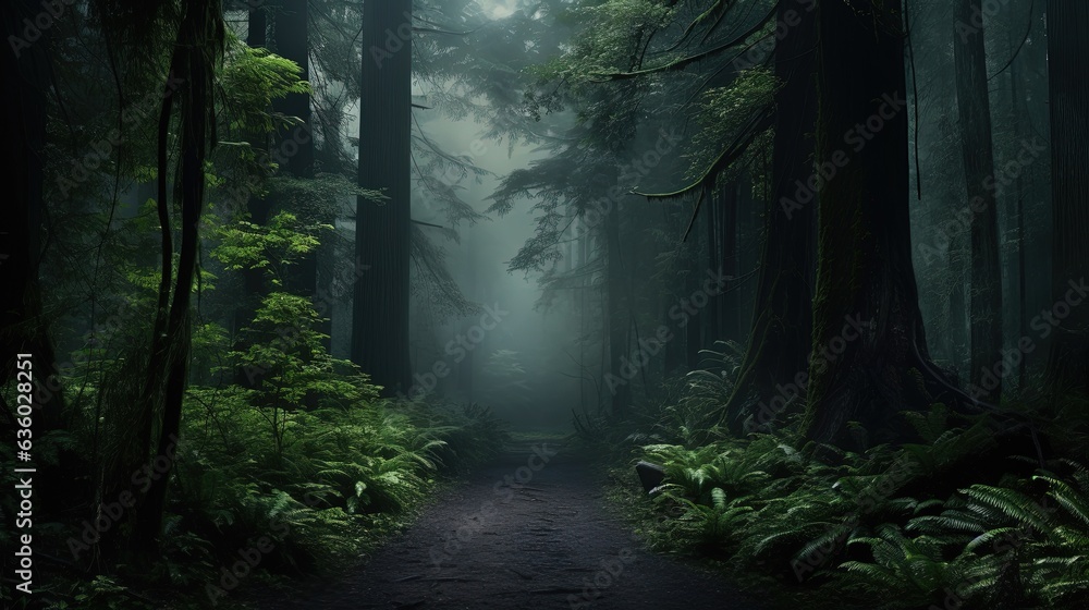 Fototapeta premium Hazy view among dense forest foliage. silhouette concept