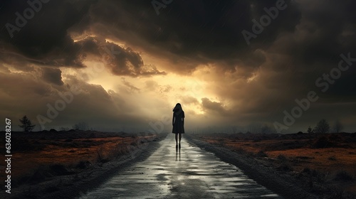 Solitary woman in natural surroundings on a cloudy day with a road. silhouette concept