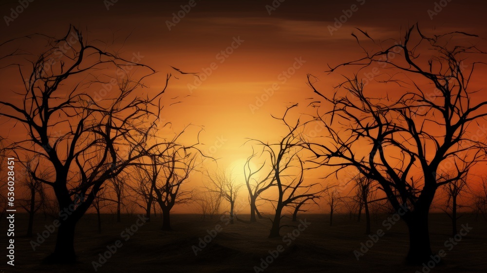 eerie sunset bare tree outlines. silhouette concept